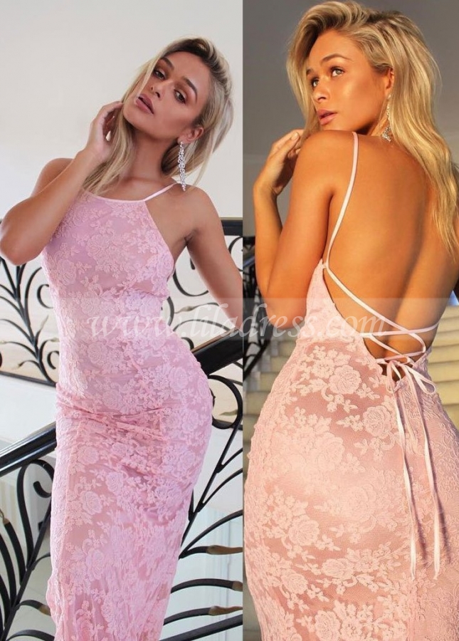 Open Back Pink Lace Mermaid Evening Prom Dresses