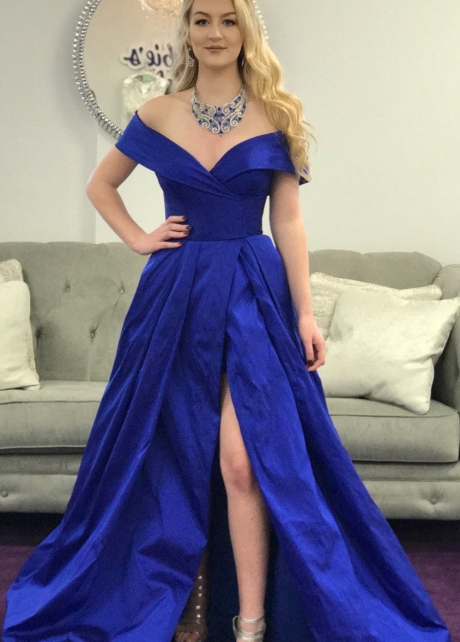 Off-the-shoulder Royal Blue Prom Gowns with Slit Side