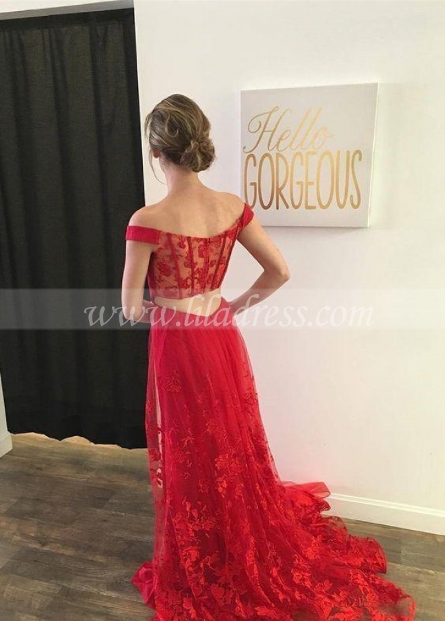 Off-the-shoulder Sweetheart Prom Dresses with Lace Overskirt