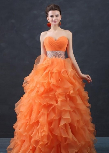 Orange Organza Debutante Ball Gown with Ruffles Skirt