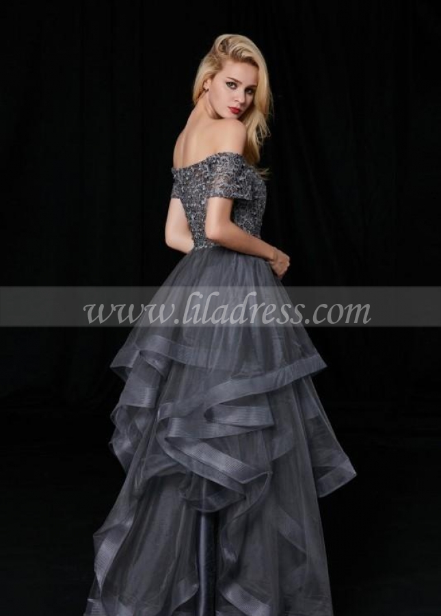 Off-the-shoulder Lace Grey Prom Gown with Netting Trim Skirt