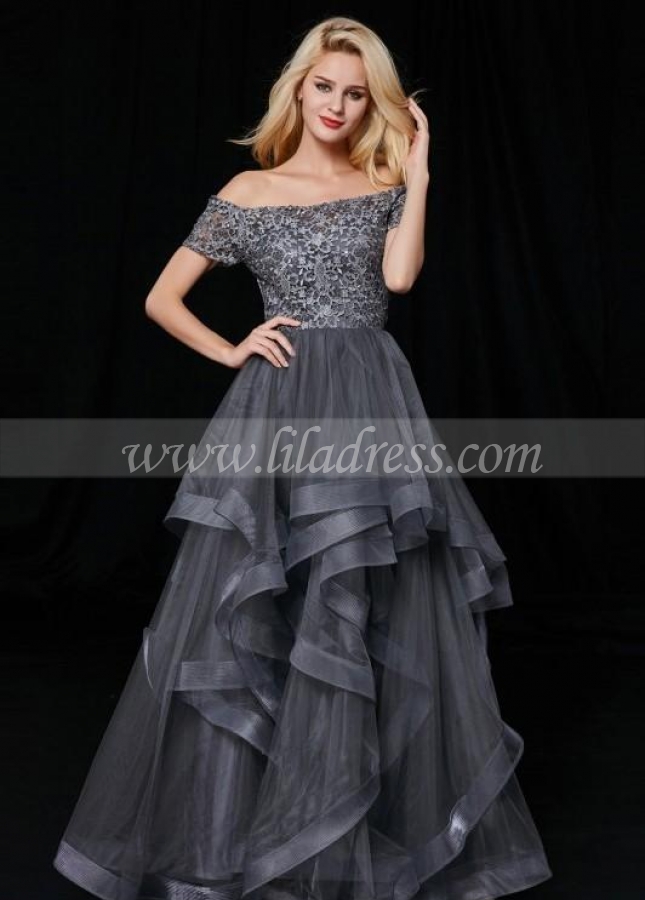 Off-the-shoulder Lace Grey Prom Gown with Netting Trim Skirt