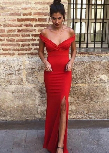 Off-the-shoulder Floor-length Red Evening Dress with Slit Side