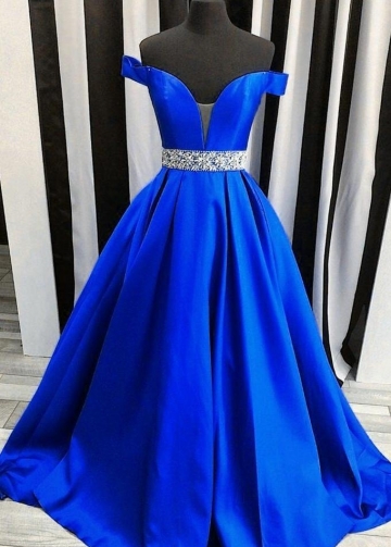 Off-the-shoulder Royal Blue Evening Dress with Rhinestones Belt