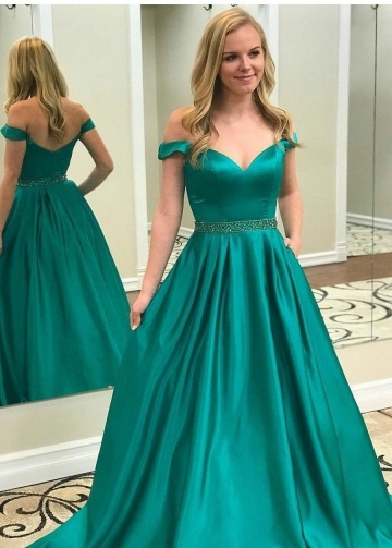 Off-the-shoulder Teal Green Prom Dresses with Beaded Belt