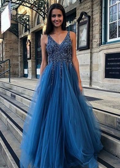 Ocean Blue Tulle Prom Dress with Beaded Bodice