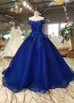 Off-the-shoulder Royal Blue Evening Dresses with 3D Floral Lace