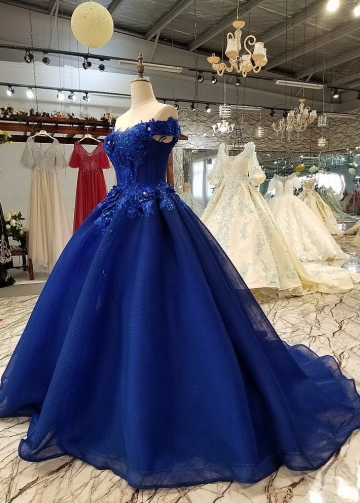 Off-the-shoulder Royal Blue Evening Dresses with 3D Floral Lace