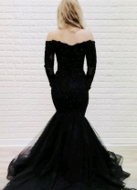 Off-the-shoulder Black Lace Evening Dress Mermaid Style Train