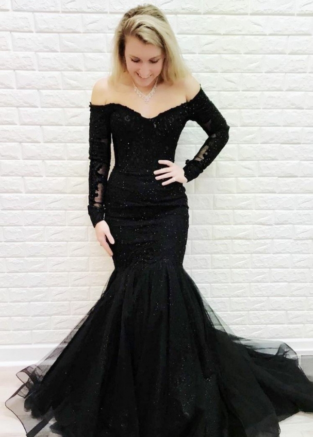 Off-the-shoulder Black Lace Evening Dress Mermaid Style Train