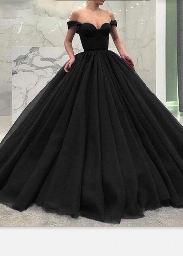 Off-the-shoulder Black Prom Gown with Puffy Tulle Skirt