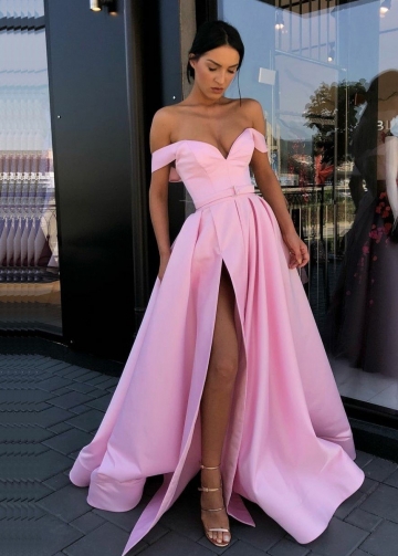 Off-the-shoulder Pink Satin Long Prom Gown with High Thigh Slit