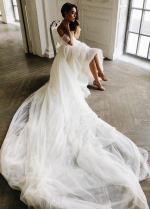 Off-the-shoulder Tulle Wedding Dress Gown with Long Train