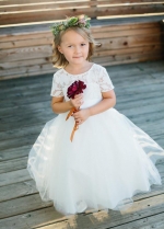 Puffy Tulle Lace Short Sleeves Flower Girls Wedding Party Dress