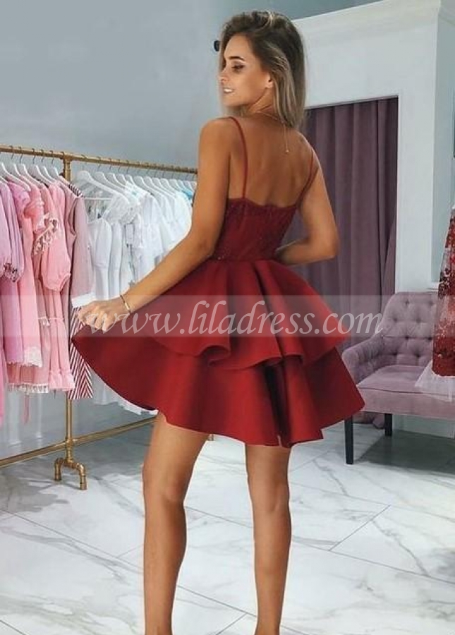 Plunging V-neck Lace Dark Red Cocktail Dress with Tiers Skirt