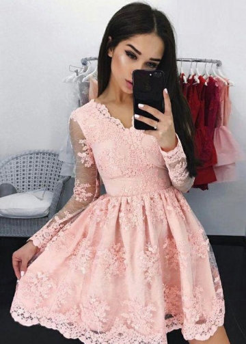 Pink Lace Long Sleeves Homecoming Party Dresses with V-Neckline