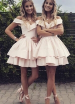 Pink Satin Homecoming Dress Short Tiered Skirt vestido de formatura