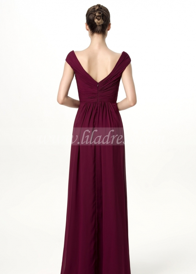 Plunging V-neck Cap Sleeves Burgundy Bridesmaid Gown with Slit Side