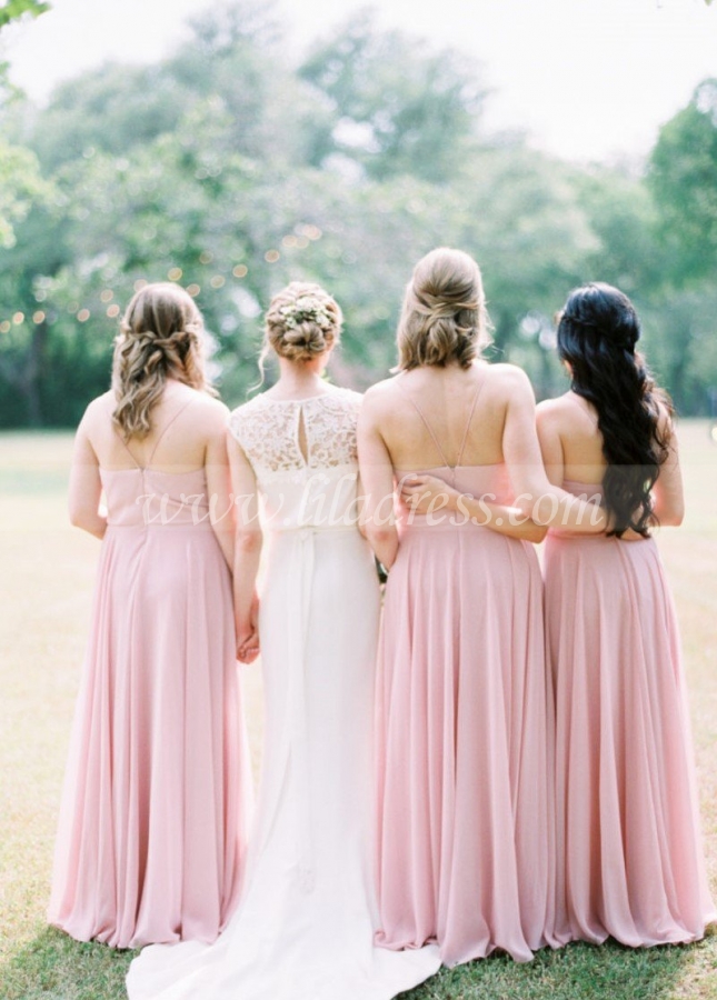 Pink Boho Bridesmaid Dresses with Strappy Chiffon Skirt
