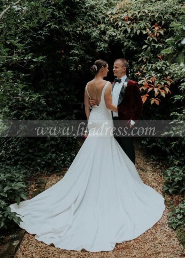 Plunging V-neckline Simple Italian Satin Wedding Dresses with Cathedral Train