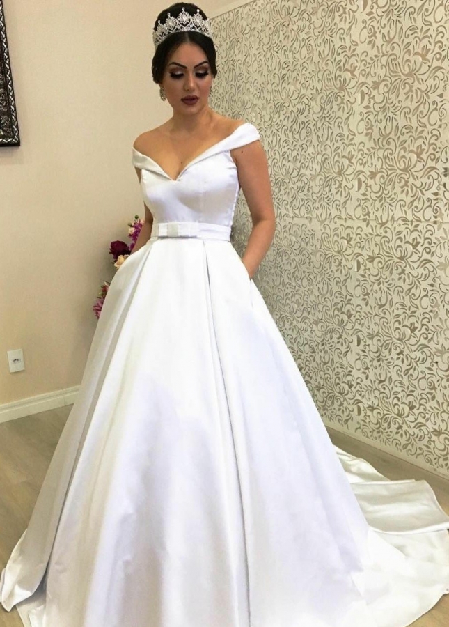 Plunging Off-the-shoulder Satin Ball Gown Wedding Dress with Pockets