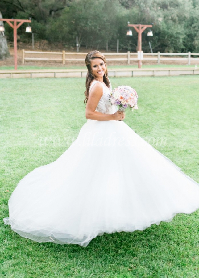 Plunging V-neckline Lace Wedding Dress with Detachable Overskirt