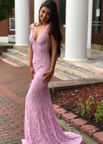 Plunging V-neck Sleeveless Beaded Lace Pink Prom Dress