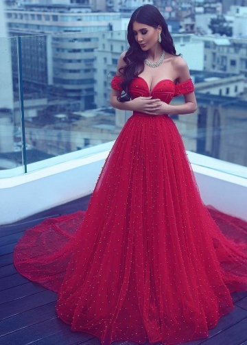 Pearls A-line Red Prom Dresses with Off-the-shoulder vestido de fiesta