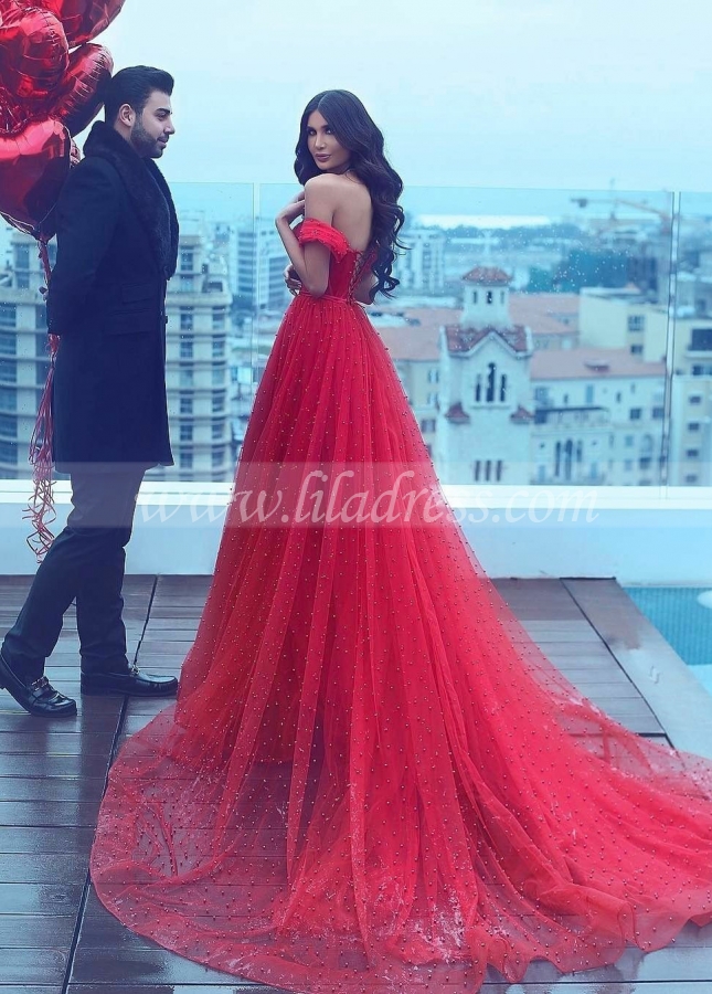 Pearls A-line Red Prom Dresses with Off-the-shoulder vestido de fiesta