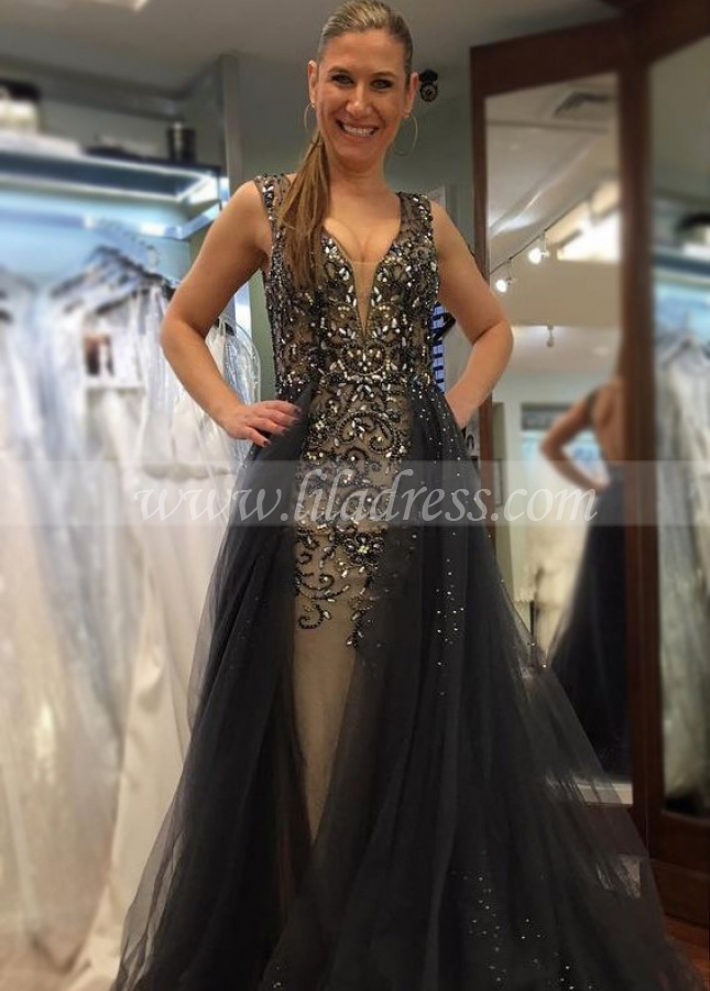 Plunging V-neck Dusty Navy Prom Gown Beaded Bodice