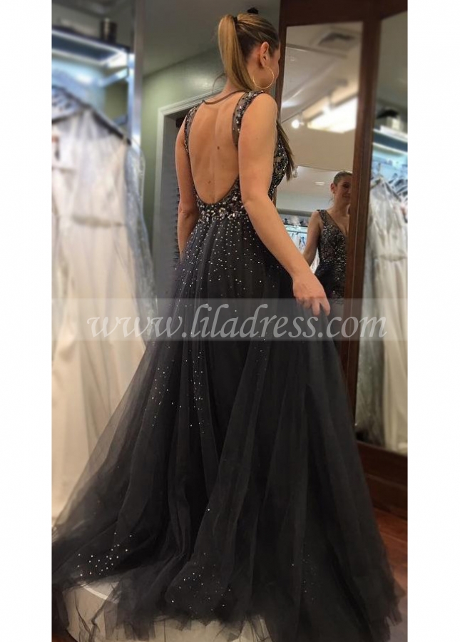 Plunging V-neck Dusty Navy Prom Gown Beaded Bodice