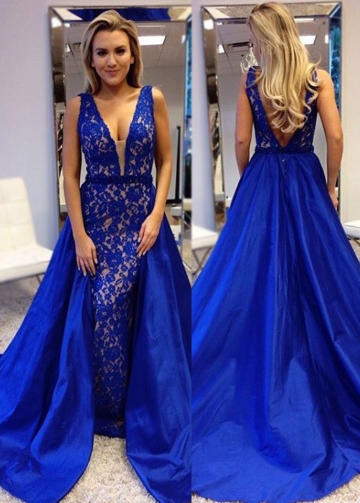 Plunging V-neck Royal Blue Lace Prom Dresses with Satin Skirt