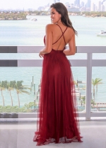 Plunging V-neck Boutique Wine Tulle Maix Long Dress Prom