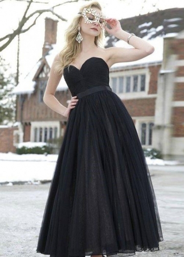 Pleated Sweetheart Ankle Length Prom Dresses with Ribbon Belt
