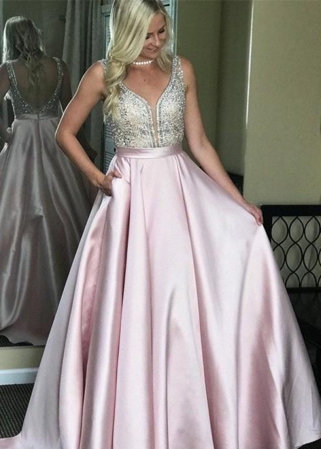 Pink Satin Prom Dresses with Rhinestones Bodice