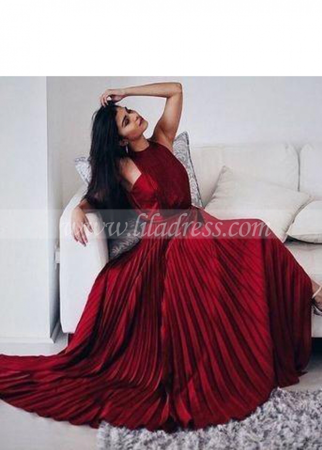 Pleated Long Burgundy Evening Dress with High Neckline