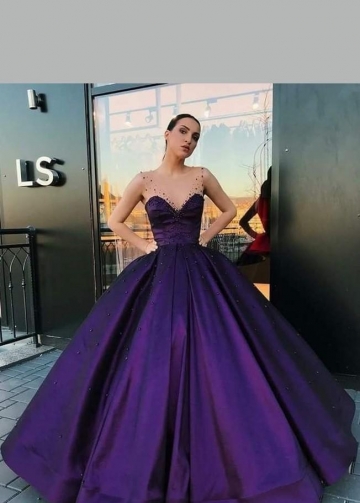 Purple Satin Ball Gown Dinner Party Dress with Illusion Straps