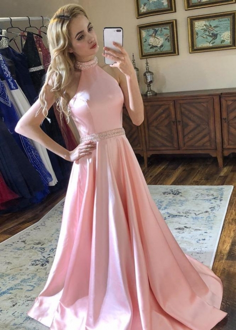 Pink Satin Prom Party Dresses with Beaded Halter Neckline
