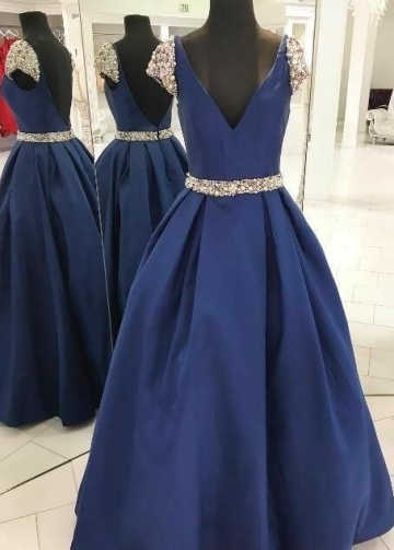 Pearls Beaded Blue Prom Dresses with Cap Sleeves