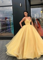 Plunging Sweetheart Puffy Yellow Ball Gown Prom Dresses