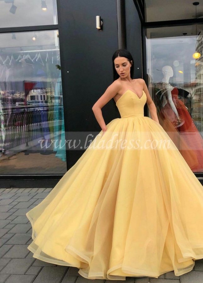 Plunging Sweetheart Puffy Yellow Ball Gown Prom Dresses