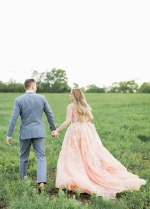 Pearls Lace Blush Wedding Dresses with Plunging V-neck