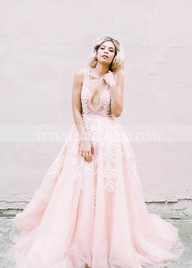 Plunging V-neck Pearls Pink Wedding Dresses with Appliques
