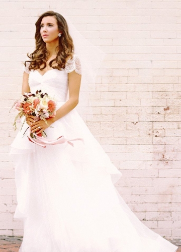 Pearls Cap Sleeves Wedding Dresses with Irregular Tulle Skirt