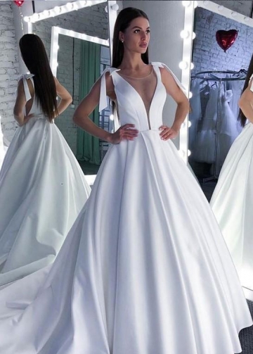 Pure White Satin Wedding Dress Illusion Plunging Neckline