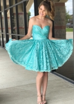 Ruched Sweetheart Lace Tiffany Blue Homecoming Dresses Short