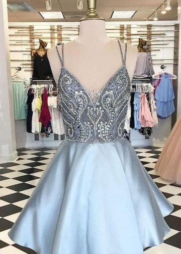 Rhinestones Bodice Satin Short Homecoming Party Gown with Double Straps