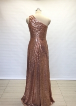 Ruched Rose Gold Sequin Bridesmaid Gown Single Shoulder
