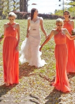 Ruching Orange Chiffon Bridesmaid Dresses with Halter Neckline