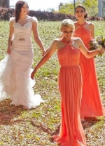 Ruching Orange Chiffon Bridesmaid Dresses with Halter Neckline